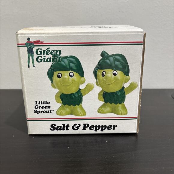NEW IN BOX 1988 Green Giant “Little Green Sprout” Ceramic Salt & Pepper Shakers - Picture 2 of 10